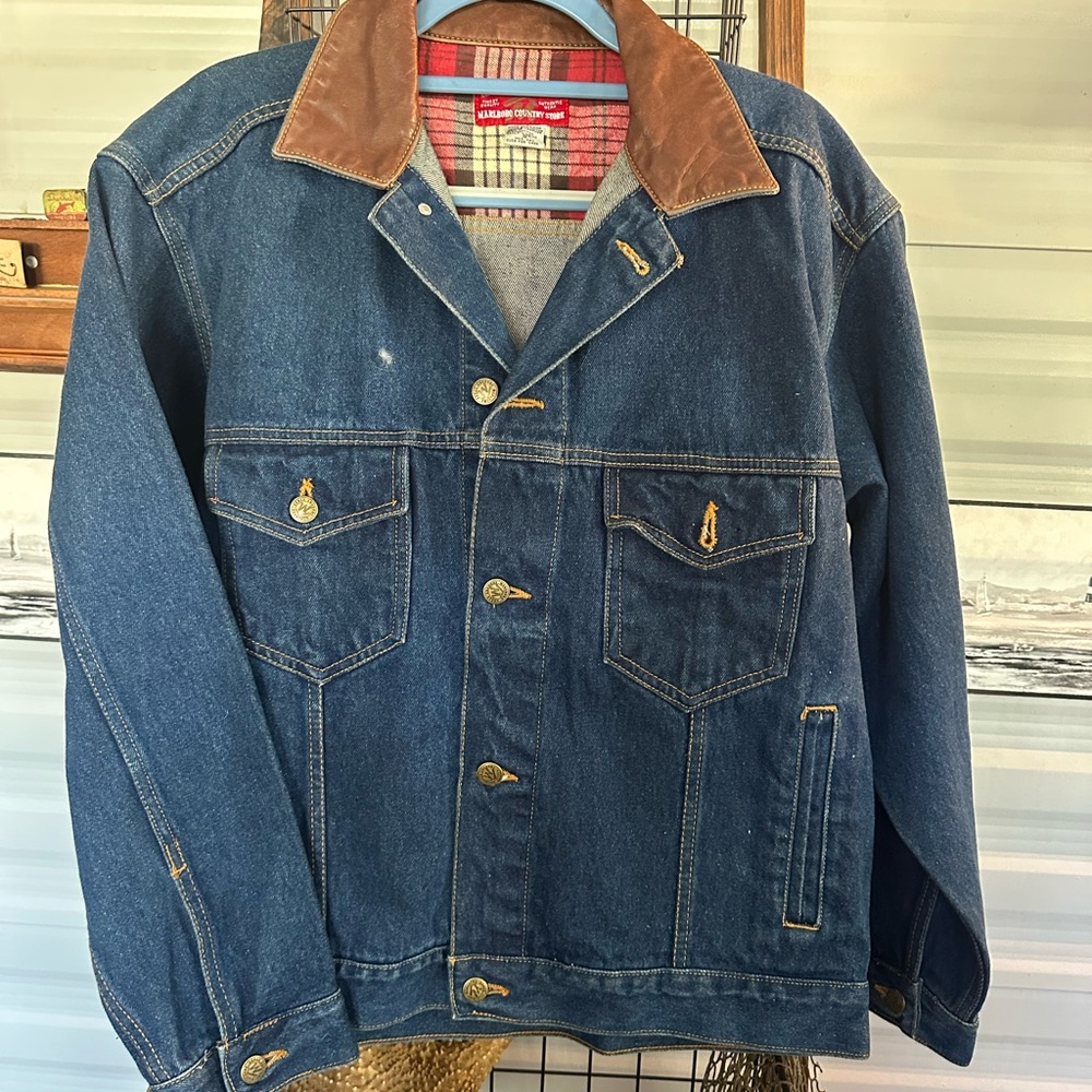 Men's Dark Blue Denim Jacket with Brown Collar by Blank